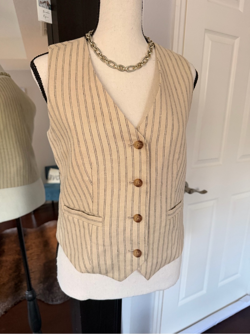 LOFT Cream Pinstripe Button-Front Vest